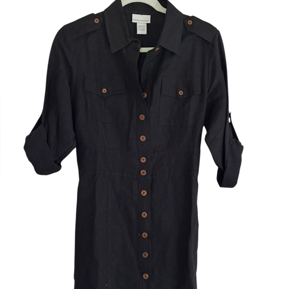 Soft Surroundings Linen Blend Safari Shirt Dress Black S Womens Utility Military
